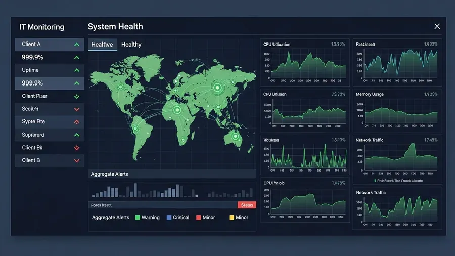 Proactive IT monitoring dashboard showing system health across client networks