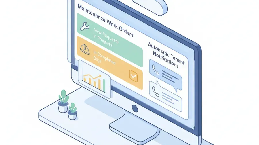 Property manager dashboard showing maintenance work orders by status with automatic tenant notification messages