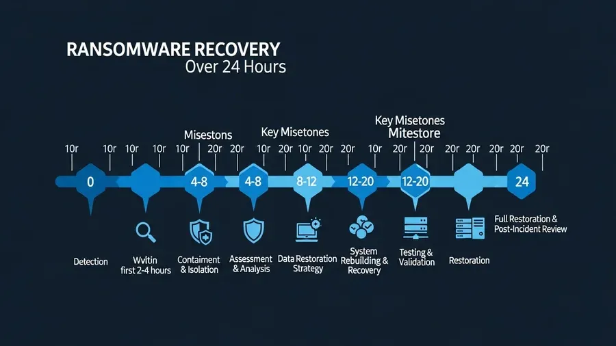 Ransomware recovery timeline showing critical steps from detection to restoration