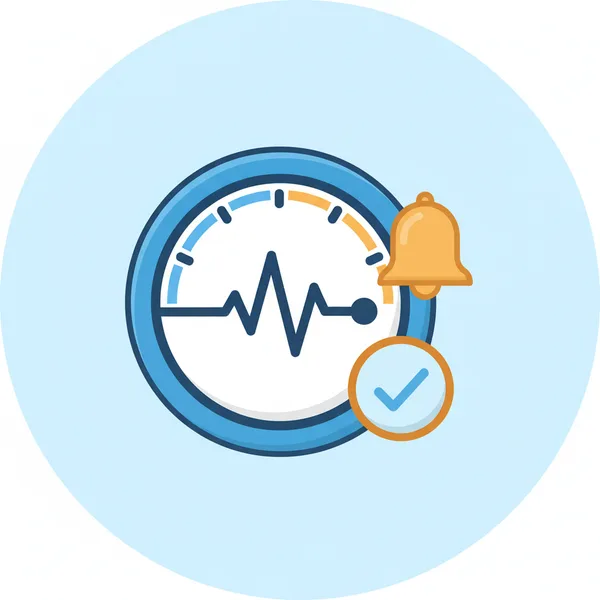 Illustration of a monitoring dashboard with a health gauge and a resolved alert