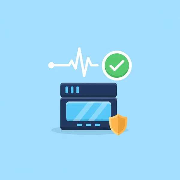Illustration of a healthy monitored server with an uptime check and security shield