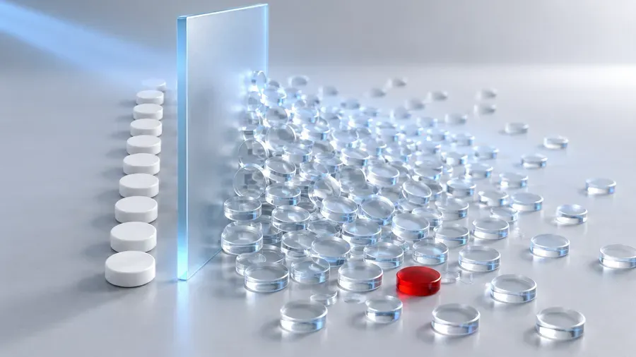 A frosted glass panel with a short row of white employee discs on one side and a much larger spreading cluster of clear glass guest discs on the other, one of them red for a stale guest account