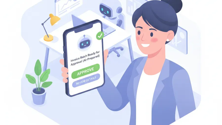 Small business owner approving an AI-prepared invoice batch on a phone notification